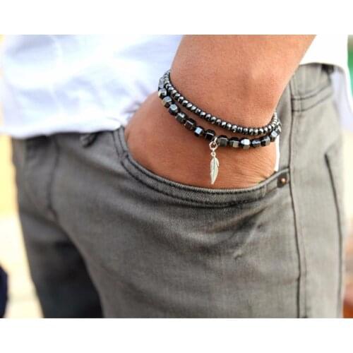 2 layers Antique silver color zinc alloy charm and black hematite faceted beads bracelet combo HB1028