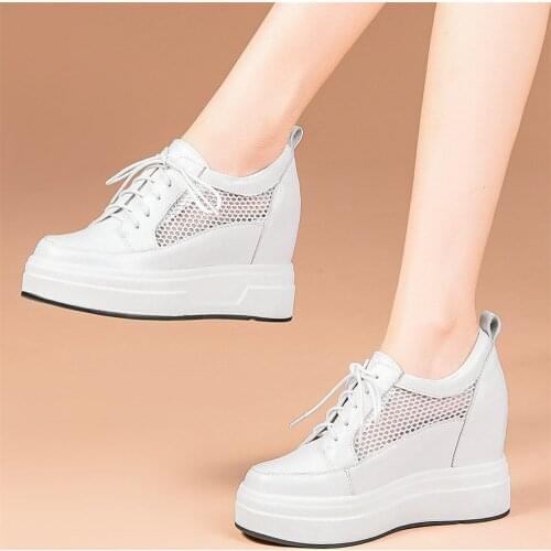 2021 Casual Shoes Women Lace Up Genuine Leather Wedges High Heel Pumps Shoes Female Breathable Chunky Platform Fashion Sneakers