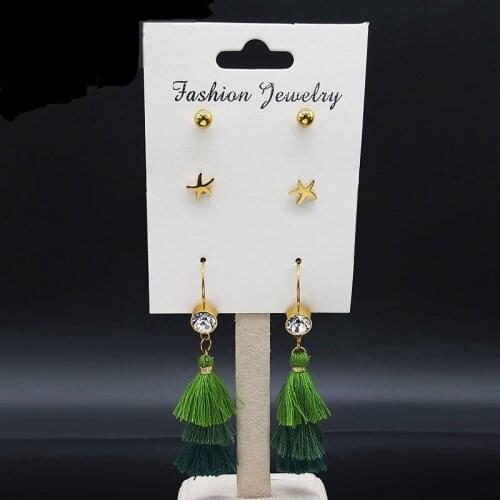 3 Pair Tassel Starfish Gold Color Crystal Stainless Steel Earring Set for Women Green Earrings Set Jewelry pendientes E612928S05