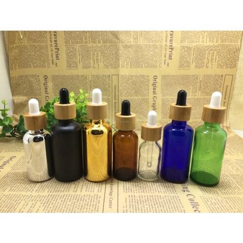 5pcs 5/10/15/20/30/50/100ml gold/silver/black/brown/blue/green/clear Bamboo cover glass dropper bottle Essential Oil Bottles