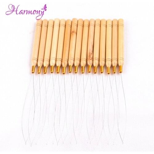 50pcs Hair Extension Hook Pulling Tool Needle Threader Micro Rings Beads Loop Wooden Handle With Iron Wire Hotting