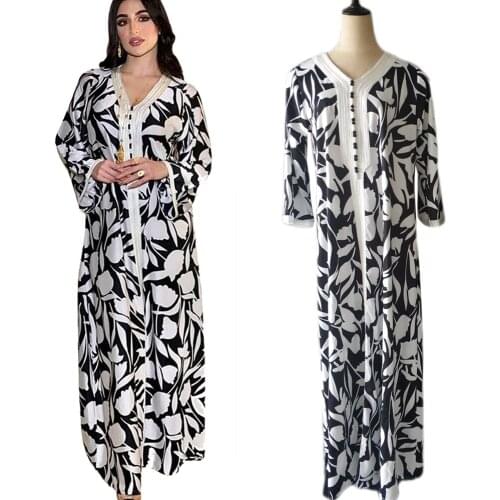 Abaya Muslim Women Long Dress Printed Casual Loose V-neck Arab Jilbab Kaftan Dubai Middle East Islamic Clothing Ethnic Fashion