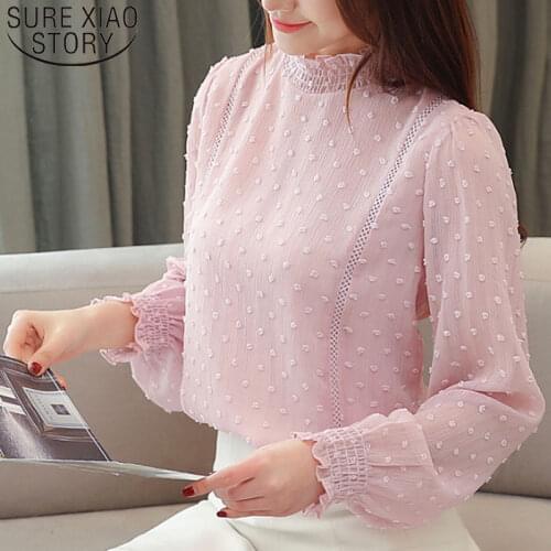 New 2021 Fashion Women Chiffon Blouses Long Sleeve Casual Women Tops Embroidery Elegant Stand Collar Women Clothing 5401 50