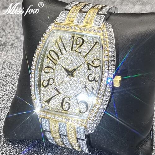 2021 Hot MISSFOX New Men Watches Tonneau Luxury Full Diamond Quartz WristWatch Top Waterproof Dive Big Dial Dress Clock Jewelry