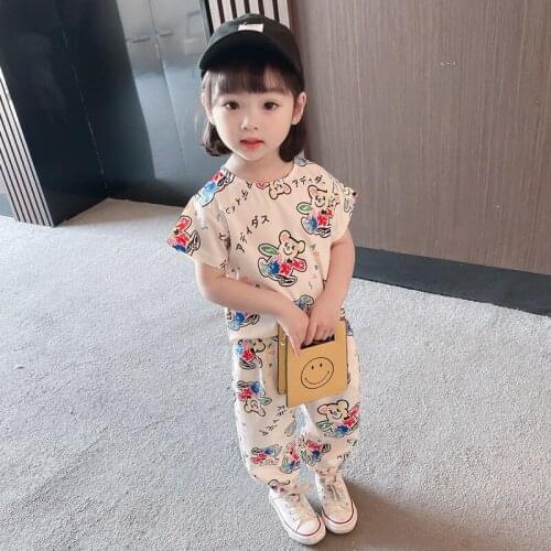 Baby Girls Suumer Suits Toddler Kids Girls Cotton Short Sleeves Bear Paatrtn Casaul Clothes Cute Children Loose Tracksuits