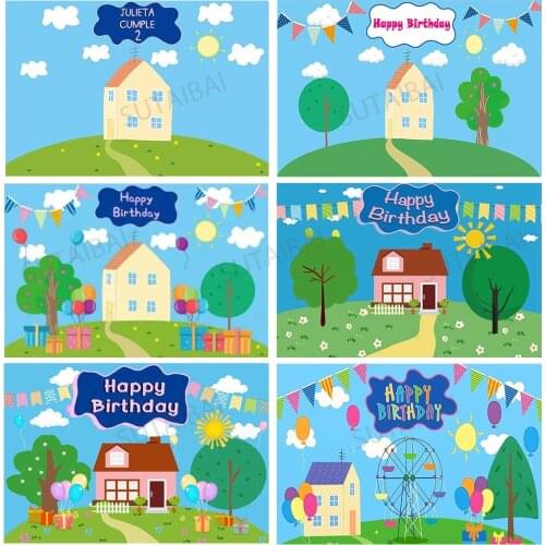 Kid 1st Birthday Background Baby Shower Tree Balloon Blue Banner Custom Pig House Backdrop Photography Background Studio Vinyl