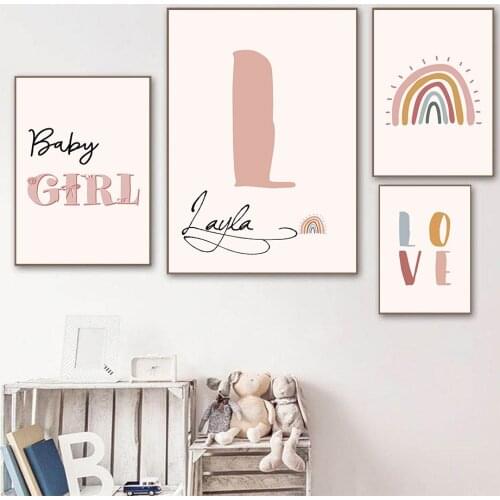 Baby Girl Nursery Canvas Print Personalized Custom Name Posters Pink Rainbow Painting Love Wall Art Pictures For Kids Room Decor