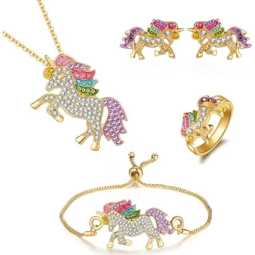 Fashion Cartoon Jewelry set For Unicorn Necklace Bracelet Earrings Rings For Women Girls Boys Kids Crystal Rainbow Bracelet Set