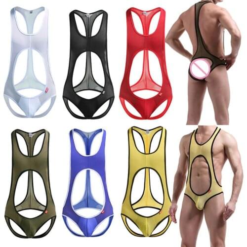 Mens Undershirts Jockstrap Lingerie Mesh Open Back Wrestling Singlet Underwear Transparent Gay Bodysuits Bugle Pouch Jumpsuits