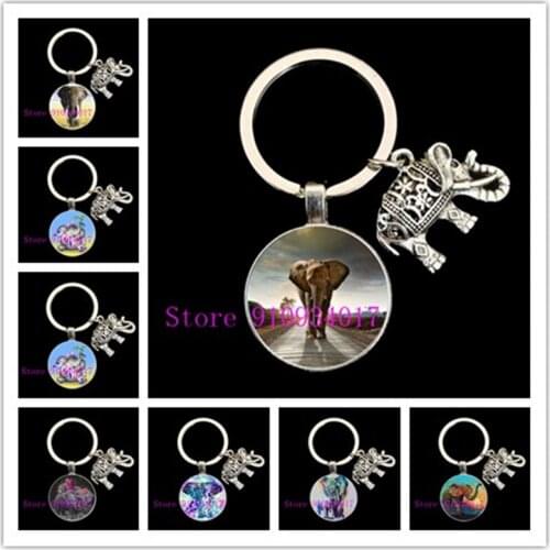 Fashion front view elephant design cabochon glass key chain charm male and female elephant pendant key ring gift key chain