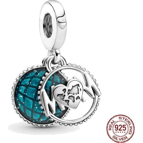 2021 Mothers Day New Silver Color Beads Glitter Globe Mom Dangle Charms Fit Original Pandora Bracelets For Women DIY Jewelry