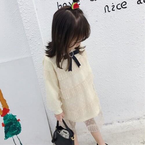 Girl princess dress Girl spring lace stitching dress Girl mesh long sleeve dress Lace dress with bow for girls