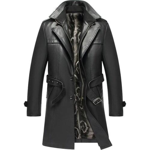 Simple Fashion Sheepskin Windbreaker Mens Real Leather Jacket and Coats Plus Size 4XL Men Velvet Padded Winter Trench Coat Brand