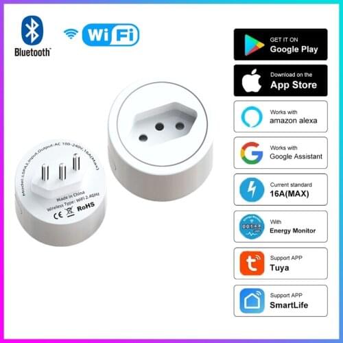 Tuya Smart Bluetooth 16A Brazil Standard WiFi Smart Plug With Power Monitor SmartLife APP Smart Socket For Alexa Google Home
