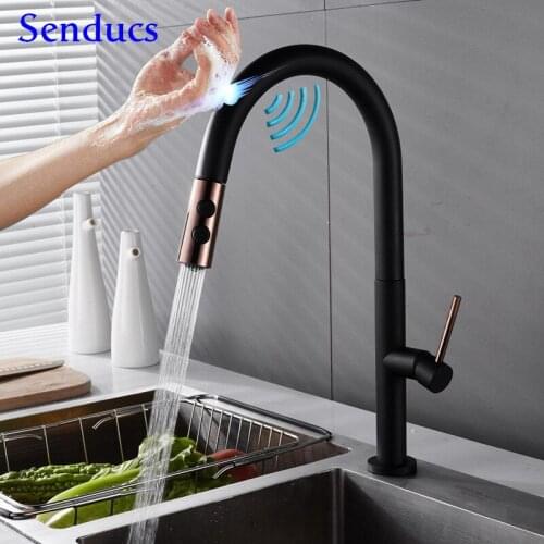 Black Touch Kitchen Faucet Senducs Automatic Sensor Kitchen Mixer Tap Pull Down White Kitchen Faucet Touching Bathroom Tap
