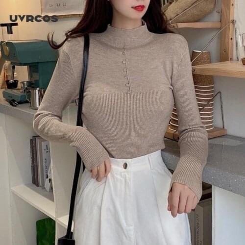 UVRCOS Knitted Jumper Autumn Winter Tops Button Turtleneck Pullovers Casual Sweaters Women Shirt Long Sleeve Slim Sweater Girls