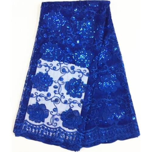 Rose embroidery French lace fabric sequins african tulle lace wedding dress fashion lace design in royal blue