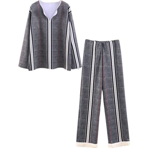 Set female 2019 spring and autumn wild casual suit striped T-shirt elastic band high waist loose temperament women