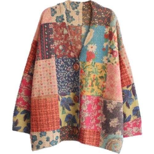 FairyNatural Women Quality Large Size Knitting Loose V-Neck Cardigan Colorful Block Retro Print Character Sweater Long Sleeve