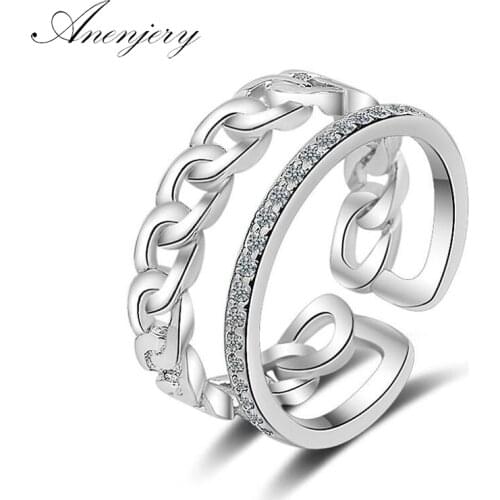 ANENJERY 925 Sterling Silver Simple Fashion Micro CZ Twisted Two Rows Rings For Women Adjustable Index Finger Ring S-R226