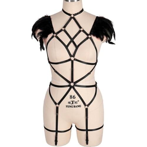 Feather Harness Lingerie For Women Body Bondage Cage BRA Leg Garter Belt Suspender Bdsm Cross Straps Backless Costume Fetish