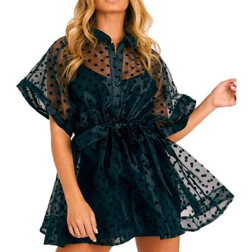 Ladies Sexy See Through Palka Dot Print Party Evening Mesh Casual Short Mini Cover Beach Dress Sheer Maxi Tulle Lace Dress
