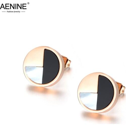 AENINE White Shell Black Acrylic Rose Gold Stud Earrings Jewelry For Girl Women Boucle D'oreille Stainless Steel Jewelry AE18040