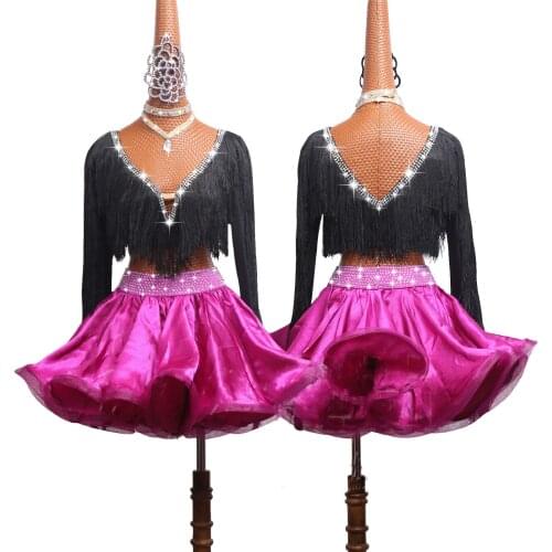 Shining Rhinestone Women Latin Dance Dress Competition Suit Upscale Custom Black Tassel Dance Skirt Female Festive Dresses