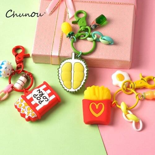 Simulation French Fries Food Popcorn Hamburger Keychain Creative Pendant Bag Charm Accessories Women Cute Silicone Car Key Chain