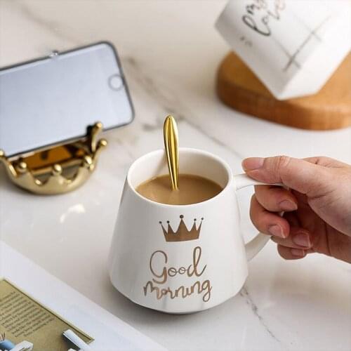 Crown Cup INS Mug Nordic Wind with Spoon Water Bottle Coffee Cup Creative Ceramic Milk for Breakfast Cups and Mugs Girl Gift