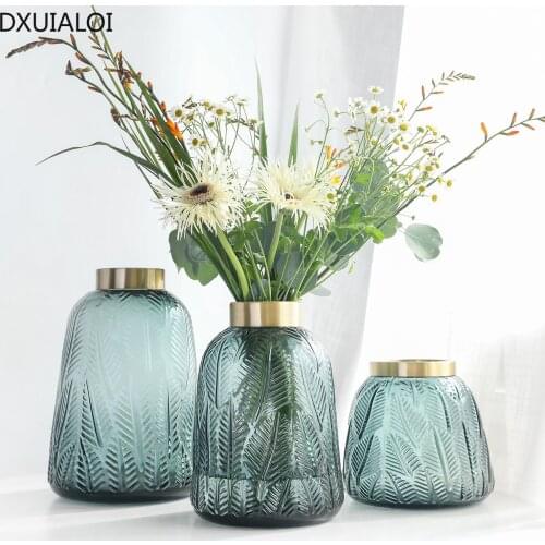 European copper ring mouth leaf pattern glass vase household tulip hydroponic flower arrangement home decoration accessories