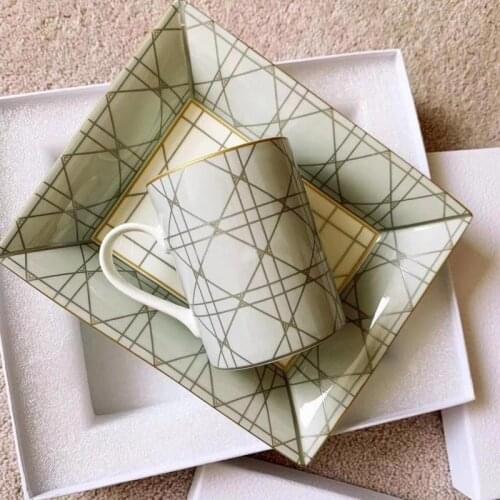 Porcelain Ashtray plate dishes mug geometric liner pattern light green color luxury design rectangular Ash tray Coffee mug cafe