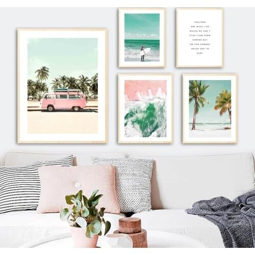 Sea Wave Surfboard Girl Coconut Tree Van Wall Art Canvas Painting Nordic Posters And Prints Wall Pictures For Living Room Decor
