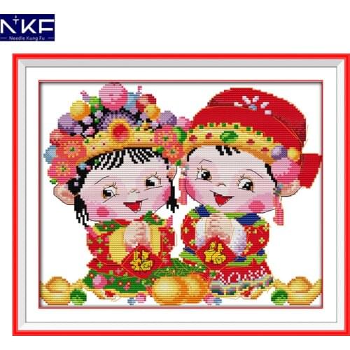 NKF Blessing Boy and Girl Counted Cross Stitch Sets Needlework DIY Kits Embroidery Chinese Cross Stitch Pattern for Home Decor