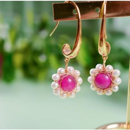 New Arrival Favorite Natural Pearl Earrings Long 14k Gold Plated Pink Agate Flower White Freshwater Pearl Fine Jewelry For Lady
