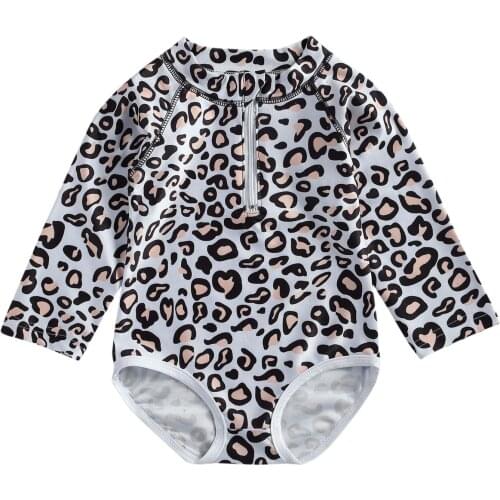 1-6Y Spring Summer Kids Baby Girl Swimwear Leopard Print Zipper Long Sleeve One Piece Swimsuit Holiday Beachwear Bathing Suit