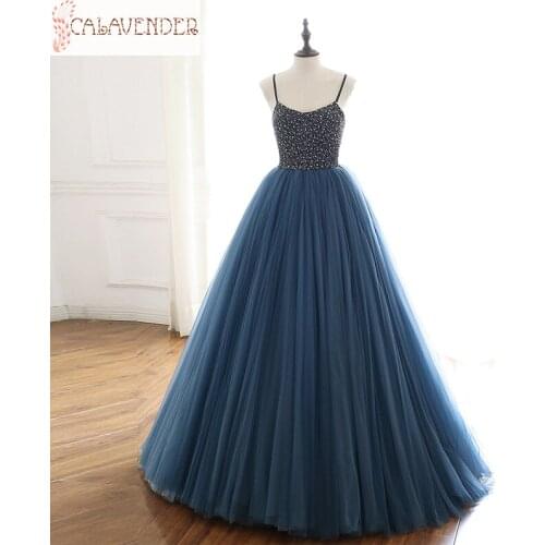 Dusty Blue Tulle Evening Dresses Ball Gown Pearls Crystals Beaded abiti da cerimonia Lace Up Back Formal Dresses for Women