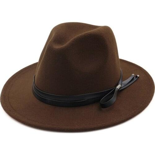 Women Men panama Wool Felt Trilby Derby Fedora Hat with Leather Belt Flat Wide Brim Jazz Formal Party Hat Cap GH-324