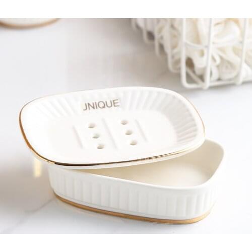 Nordic Bathroom Accessories Gold Inlay Double Layer Soap Holder Ceramic Soap Dish With Drain Soap Box Porte Savon