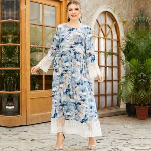 Oversized Womens Round Neck Long Sleeve Fashion Ink Printing Lace Stitching Fashion Muslim Long Skirt Clothing Turkish 2021