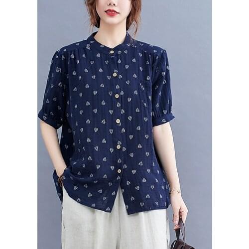 Women Summer Cotton Casual Shirts New Arrival 2021 Simple Style Stand Collar Geometric Print Loose Female Short Sleeve Tops B437