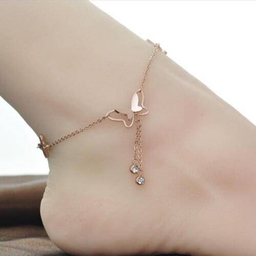27.5Cm Retro Elegant Butterfly Inlaid With Set Zircon Stainless Steel Woman Anklets For Women Rose Gold Jewelry 2021 Trend
