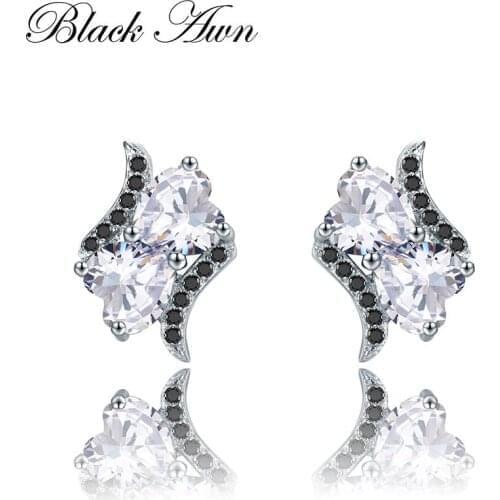 SODROV 2019 New 100% Genuine 925 Sterling Silver Heart Jewelry Black&White Stone Cute Engagement Stud Earrings for Women T109