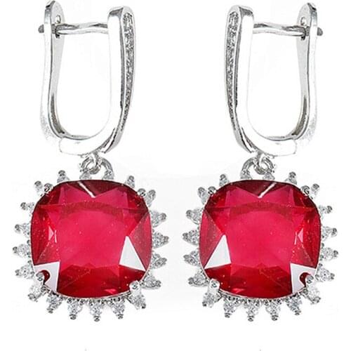 Luxury celebrity red crystal ruby gemstones diamonds drop earrings for women white gold silver color jewelry bijoux brincos gift