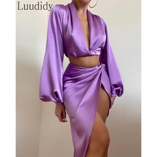 Women Elegant Satin Solid Color Lantern Sleeve Top and High Waist Ruched Side Slit Irregular Midi Skirts 2pcs Set