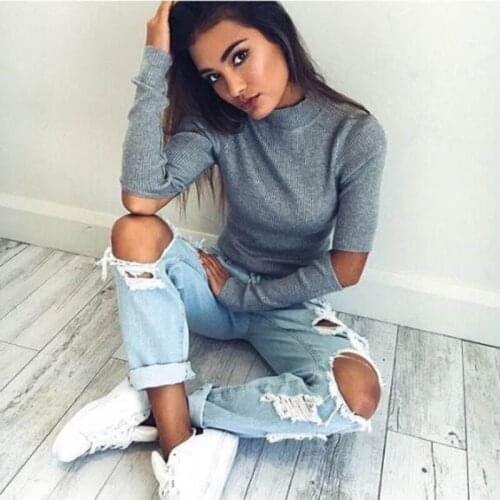 Autumn New in 2020 Sexy Women Jumper Solid Elbow Hole Long Sleeve Sweater Crop Top Coat Pullover Tops