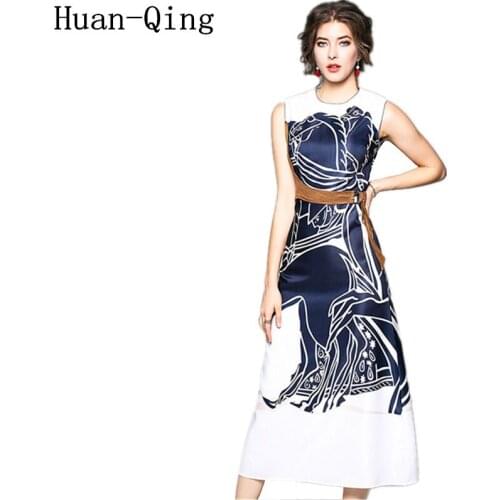 New 2020 Summer Women Sexy Sleeveless Tank Long Dress Office Lady Vintage Printed Elegant Vest Dress Vestidos Mujer Party Dress
