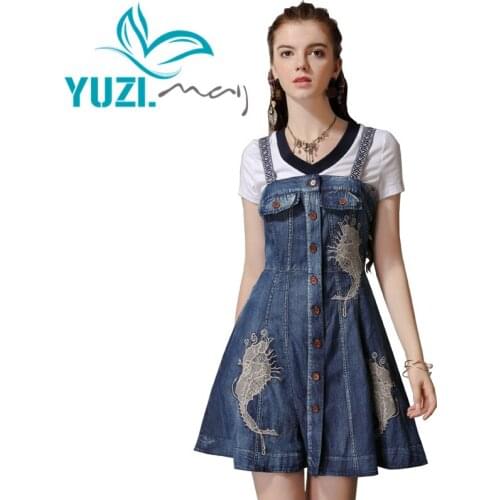 Summer Dress 2019 Yuzi.may Boho New Denim Women Dresses Single Breasted A-line Vintage Embroidery Vestidos A82170 Vestido