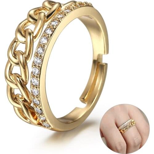 Womens Open Ring Wedding Party 8mm Gold Color Curb Link Chain Rings for Women CZ Double-layers Resizable Jewelry Gifts LGR66