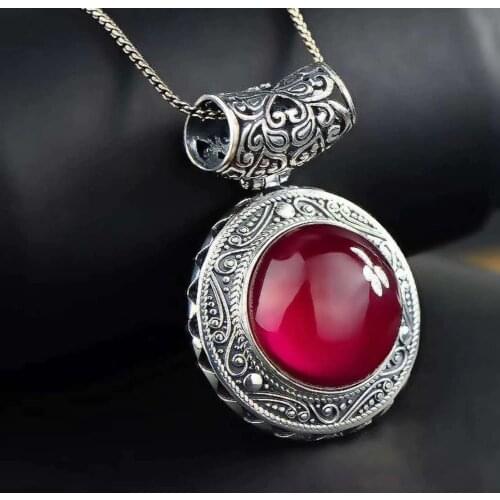 Retro Royal Garnet Gemstone 100% 925 Sterling Silver Natural Garnet Pendant Necklace Female Fine Jewelry